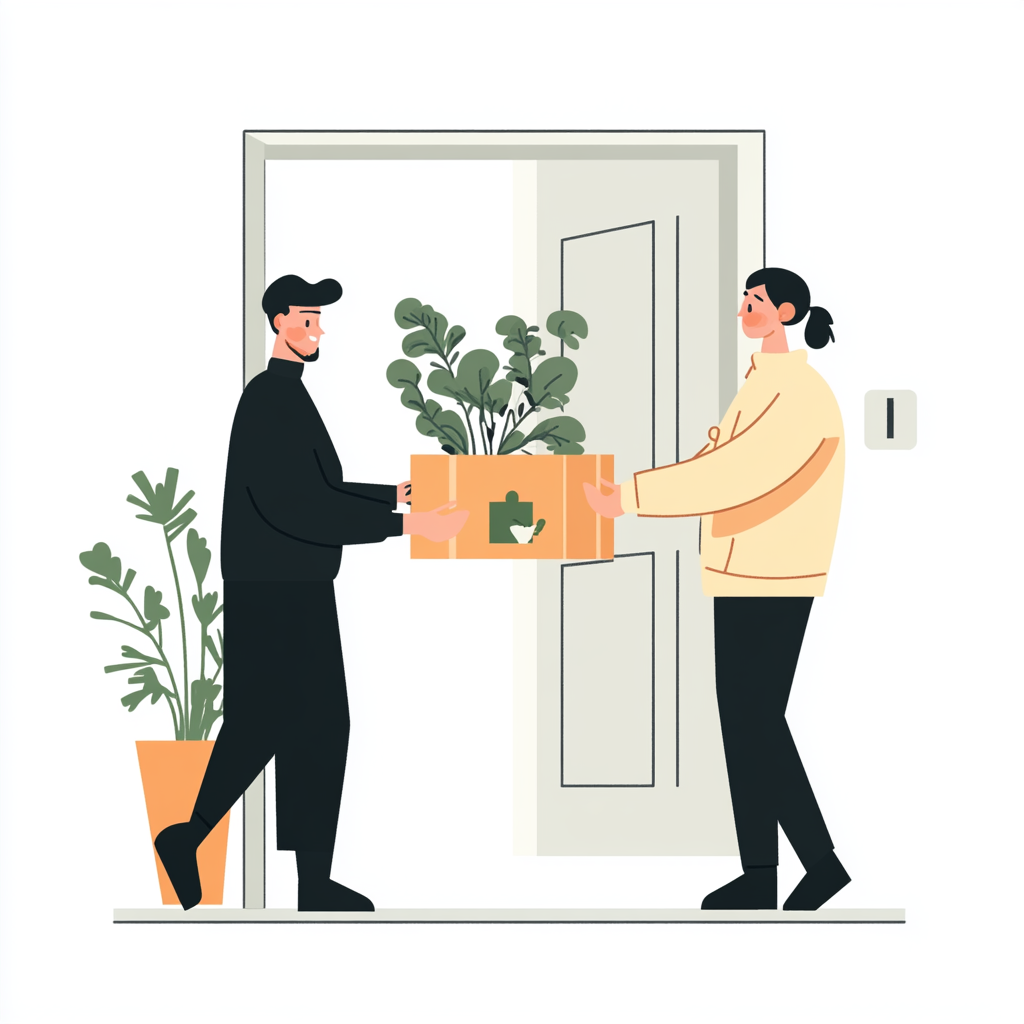A montage showing: 1. A delivery person carefully handling a boxed plant. 2. An opened box revealing a well-packaged plant with protective materials. 3. A diverse collection of potted plants ready for shipping. 4. A person receiving a plant delivery at their front door.