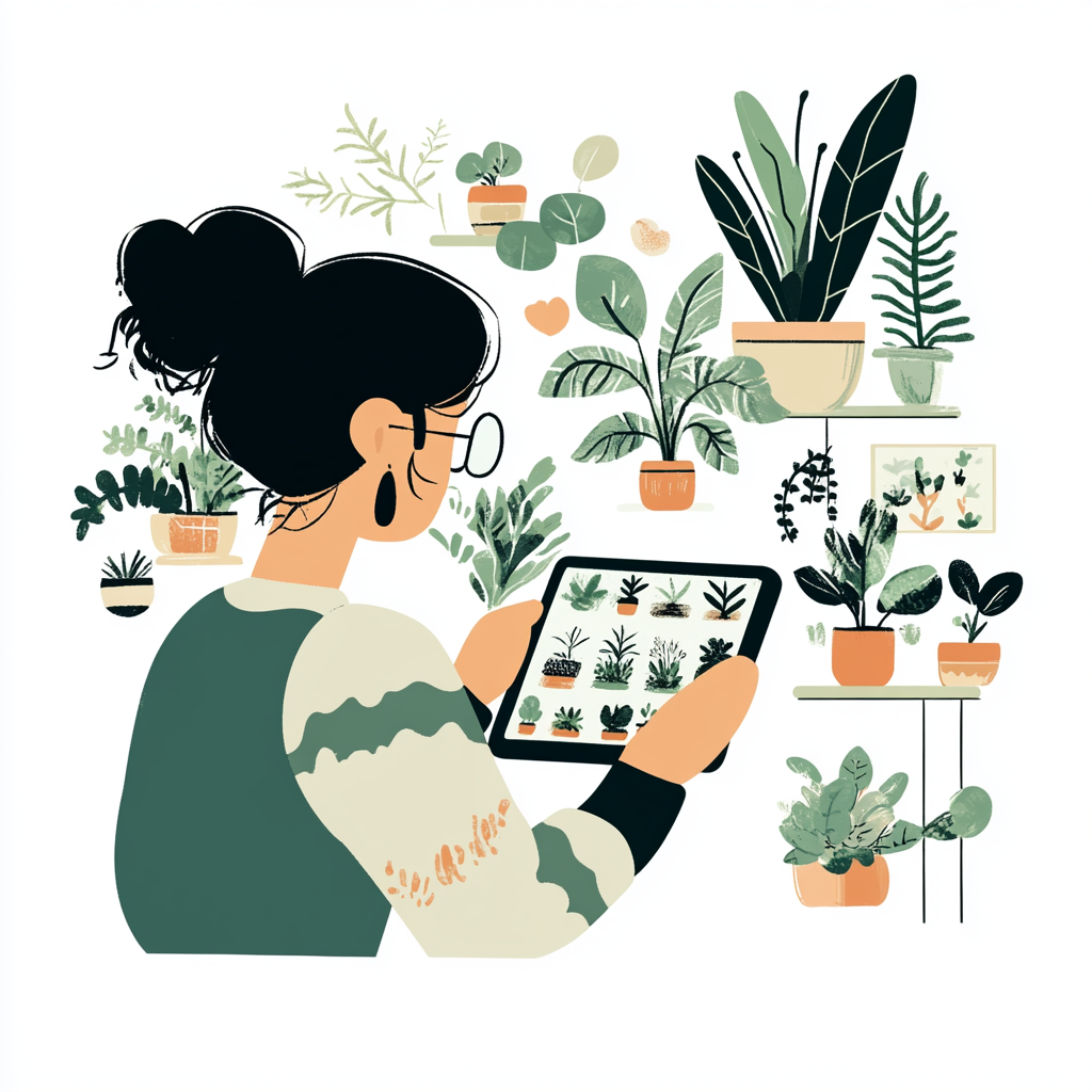 A collage showing: 1. A person using a tablet to identify plants in a garden. 2. A screen displaying a multiple-choice plant quiz. 3. A collection of colorful achievement badges. 4. A graph showing quiz performance over time.