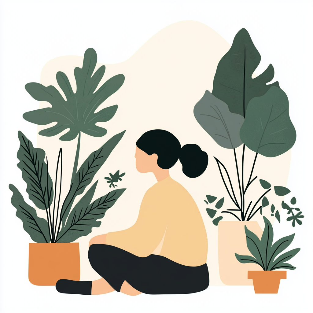 A collage showing: 1. A plant sitter watering various houseplants. 2. A calendar app with plant care schedules. 3. A person checking on plants in a sunlit room. 4. A close-up of hands carefully examining a plant's leaves.