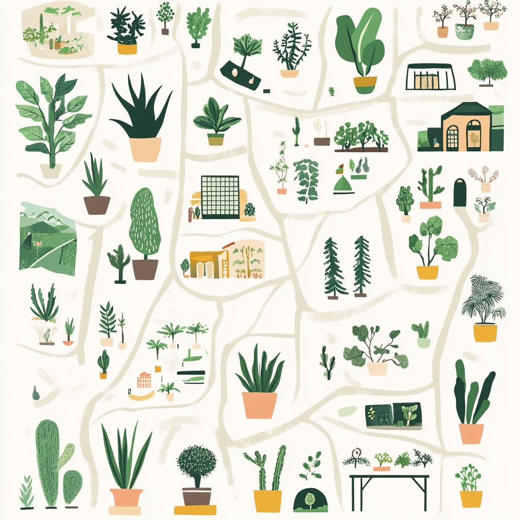 A visual representation of: 1. A map with pinned locations of various plant stores. 2. A search interface for finding local plant shops. 3. A list of plant stores with ratings and reviews. 4. The interior of a lush, well-stocked plant store.