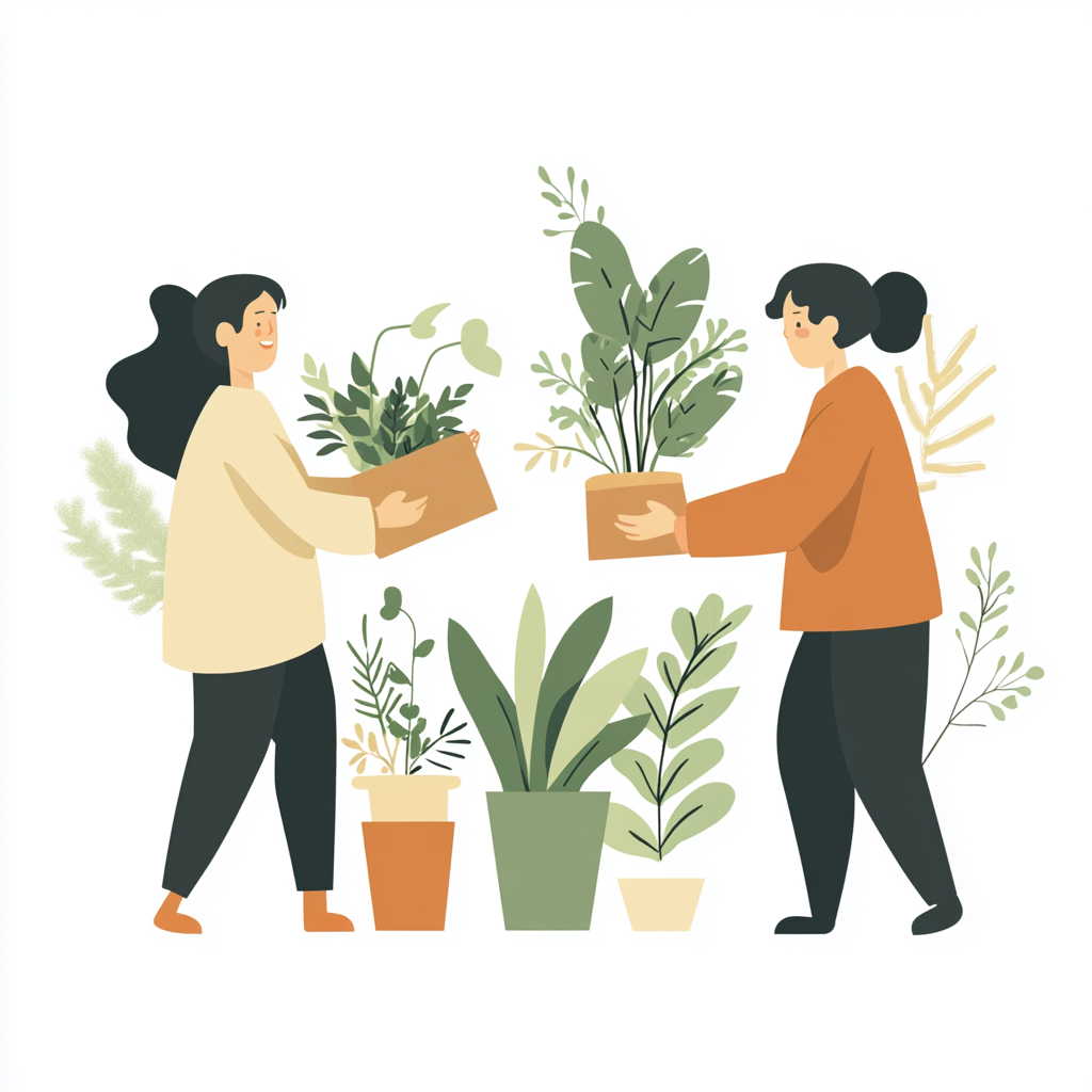 A collage depicting: 1. A group of people exchanging plants at a community event. 2. A calendar highlighting upcoming plant swap dates. 3. An interactive map showing plant swap locations. 4. Close-up of hands exchanging small potted plants.